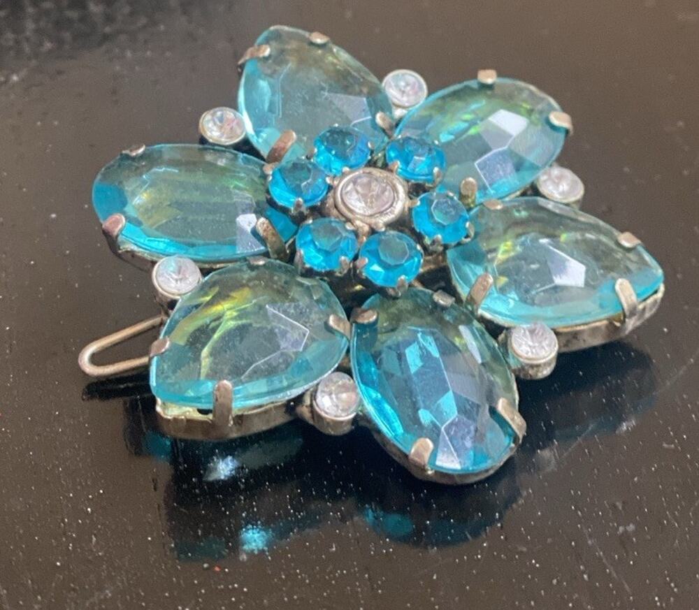 Vtg 1950s Weiss Aqua Blue Rhinestone Flower Hair Barrette Silver Glass Crystal